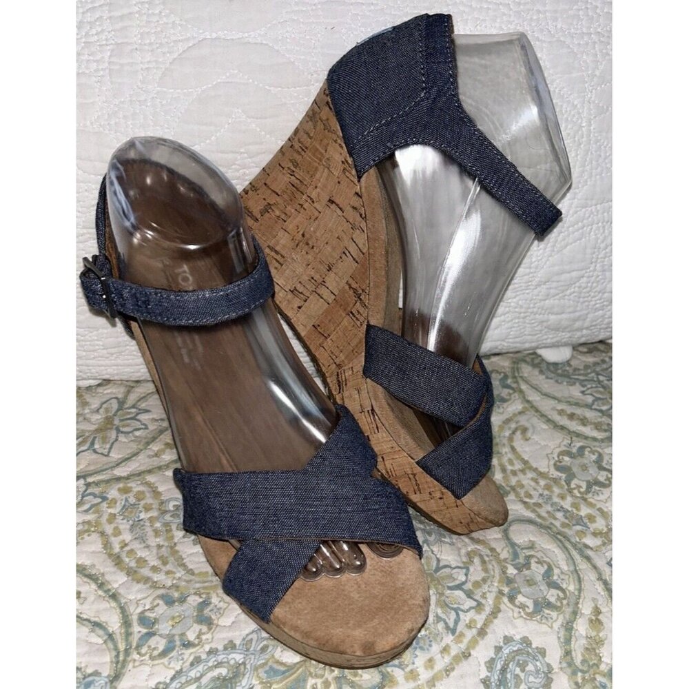 TOMS Sz 8 Sienna Cork Wedge Sandals Shoes Women’s Blue Denim Strappy